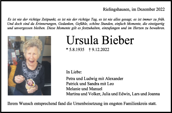 Traueranzeige von Ursula Bieber von Marbacher Zeitung