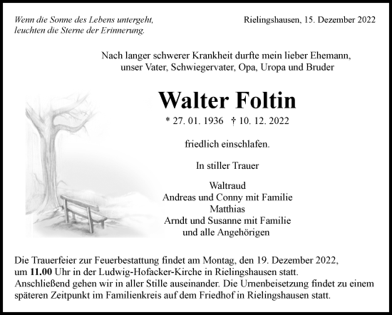 Traueranzeige von Walter Foltin von Marbacher Zeitung