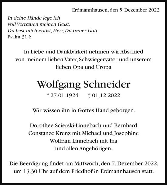 Traueranzeige von Wolfgang Schneider von Marbacher Zeitung