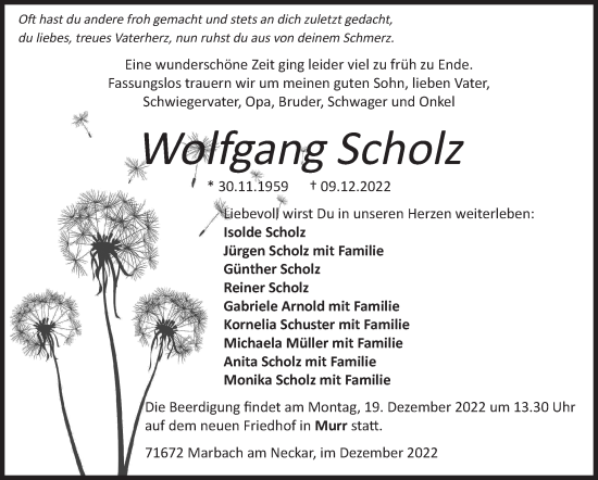Traueranzeige von Wolfgang Scholz von Marbacher Zeitung