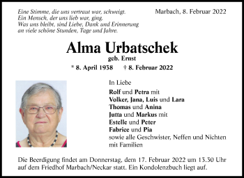 Traueranzeige von Alma Urbatschek von Marbacher Zeitung