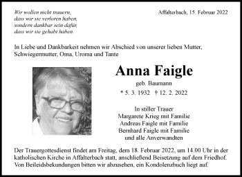 Traueranzeige von Anna Faigle von Marbacher Zeitung