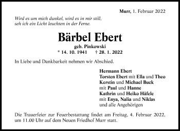 Traueranzeige von Bärbel Ebert von Marbacher Zeitung