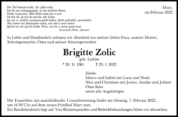 Traueranzeige von Brigitte Zolic von Marbacher Zeitung