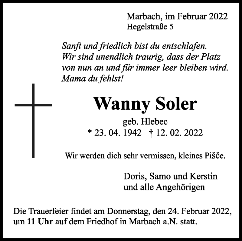  Traueranzeige für Ivana Soler vom 18.02.2022 aus Marbacher Zeitung