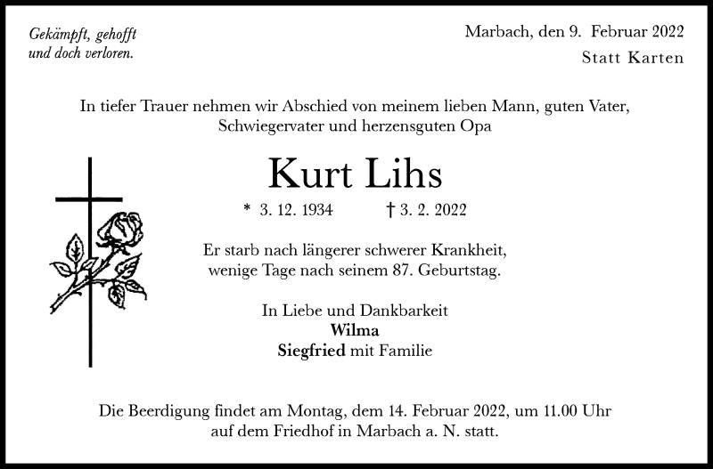  Traueranzeige für Kurt Lihs  vom 09.02.2022 aus Marbacher Zeitung