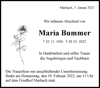 Traueranzeige von Maria Bummer von Marbacher Zeitung