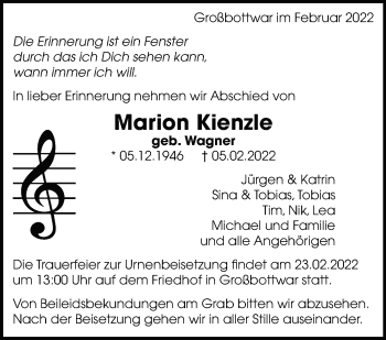 Traueranzeige von Marion Kienzle von Marbacher Zeitung