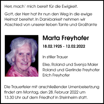 Traueranzeige von Martha Freyhofer von Marbacher Zeitung