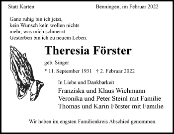Traueranzeige von Theresia Förster von Marbacher Zeitung
