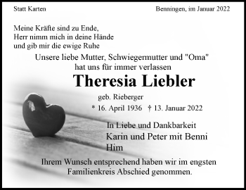 Traueranzeige von Theresia Liebler von Marbacher Zeitung