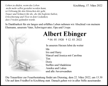 Traueranzeige von Albert Ebinger von Marbacher Zeitung