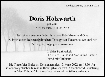 Traueranzeige von Doris Holzwarth von Marbacher Zeitung