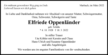 Traueranzeige von Elfriede Oppenländer von Marbacher Zeitung