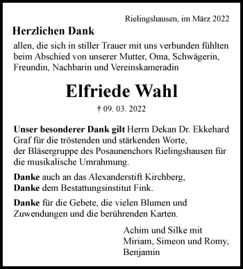 Traueranzeige von Elfriede Wahl von Marbacher Zeitung