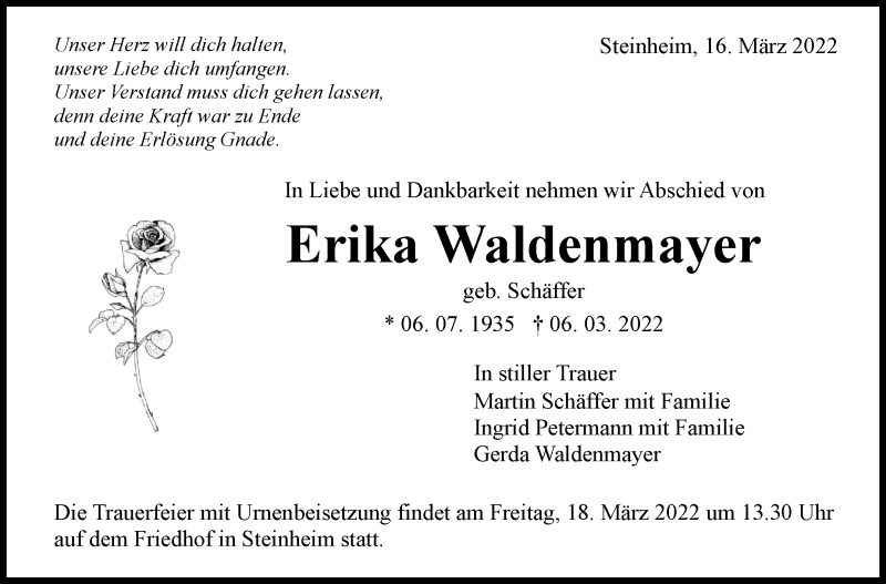  Traueranzeige für Erika Waldenmayer vom 16.03.2022 aus Marbacher Zeitung
