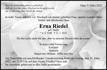 Traueranzeige von Erna Riedel von Marbacher Zeitung
