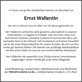 Traueranzeige von Ernst Wallentin von Marbacher Zeitung