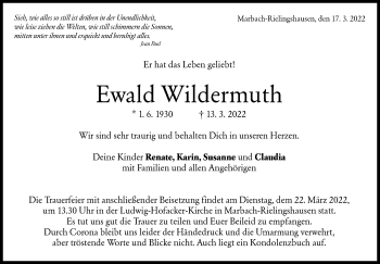 Traueranzeige von Ewald Wildermuth von Marbacher Zeitung