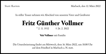 Traueranzeige von Fritz Günther Vollmer von Marbacher Zeitung