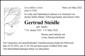 Traueranzeige von Gertrud Steidle von Marbacher Zeitung