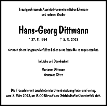 Traueranzeige von Hans-Georg Dittmann von Marbacher Zeitung