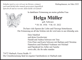Traueranzeige von Helga Müller von Marbacher Zeitung