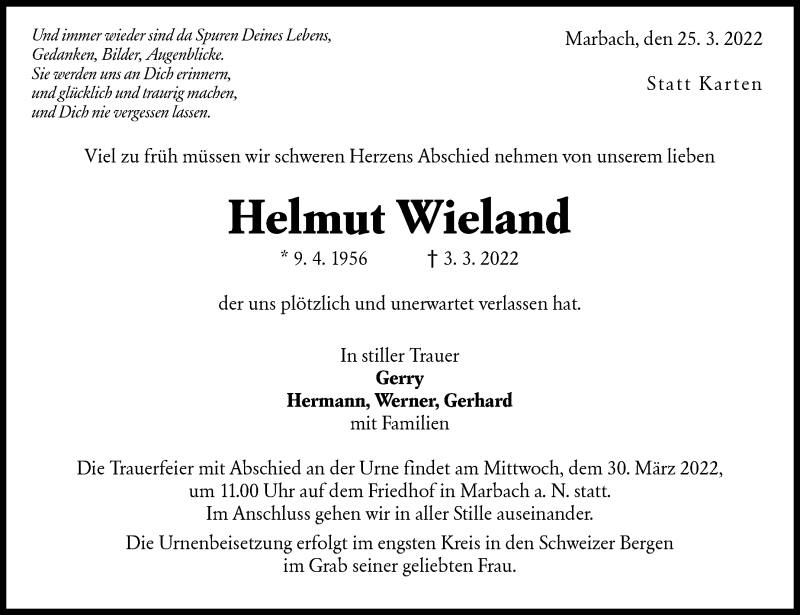  Traueranzeige für Helmut Wieland vom 25.03.2022 aus Marbacher Zeitung