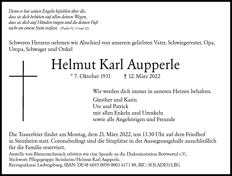 Traueranzeige für Helmut Karl Aupperle vom 17.03.2022 aus Marbacher Zeitung