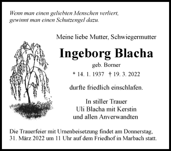 Traueranzeige von Ingeborg Blacha von Marbacher Zeitung