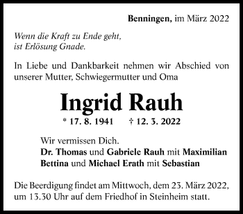 Traueranzeige von Ingrid Rauh von Marbacher Zeitung