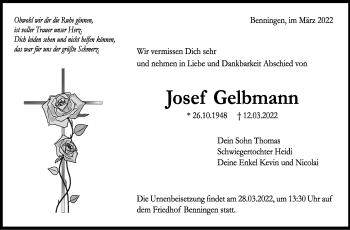 Traueranzeige von Josef Gelbmann von Marbacher Zeitung