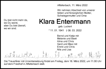 Traueranzeige von Klara Entenmann von Marbacher Zeitung