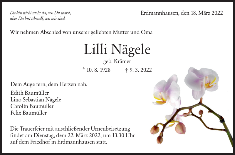  Traueranzeige für Lille Nägele vom 18.03.2022 aus Marbacher Zeitung