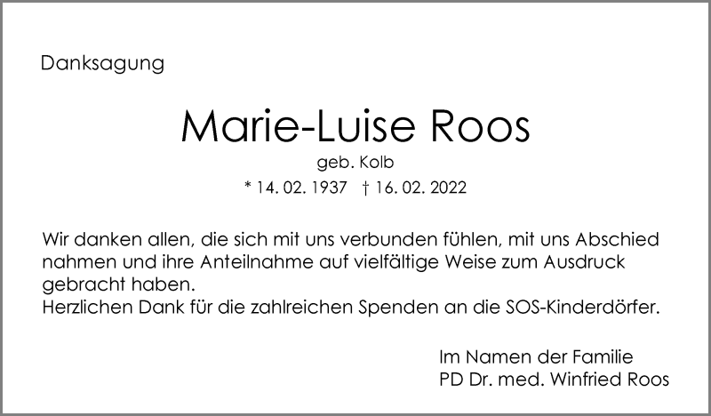  Traueranzeige für Marie-Luise Roos vom 05.03.2022 aus Marbacher Zeitung