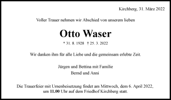 Traueranzeige von Otto Waser von Marbacher Zeitung