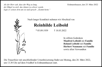 Traueranzeige von Reinhilde Leibold von Marbacher Zeitung