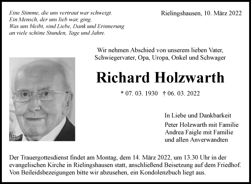  Traueranzeige für Richard Holzwarth vom 10.03.2022 aus Marbacher Zeitung