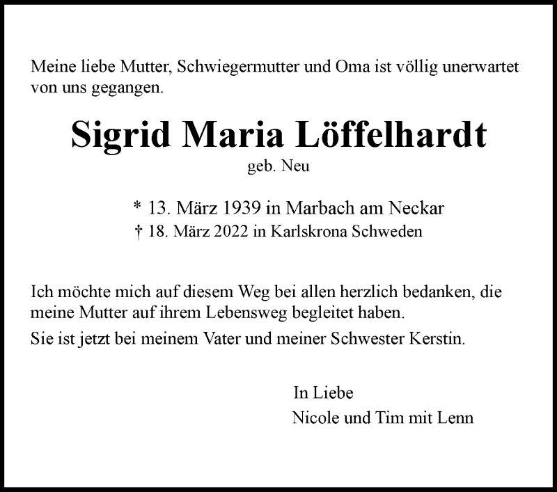  Traueranzeige für Sigrid Maria Löffelhardt vom 26.03.2022 aus Marbacher Zeitung