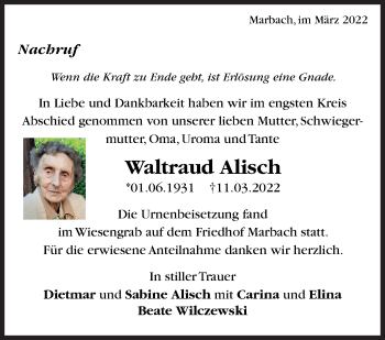 Traueranzeige von Waltraud Alisch von Marbacher Zeitung