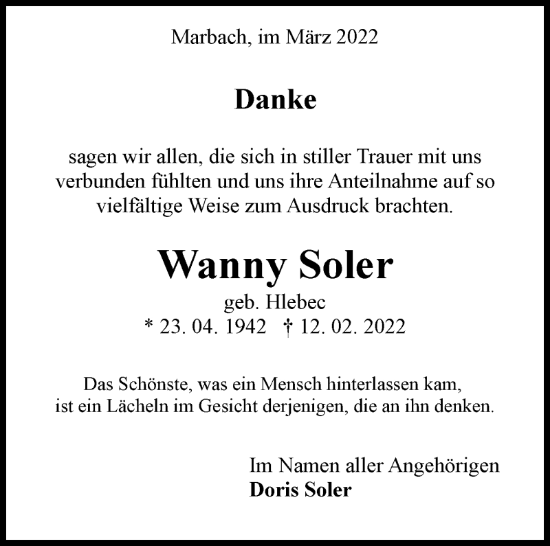  Traueranzeige für Wanny Soler vom 17.03.2022 aus Marbacher Zeitung