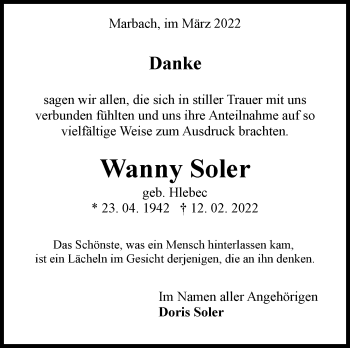 Traueranzeige von Wanny Soler von Marbacher Zeitung