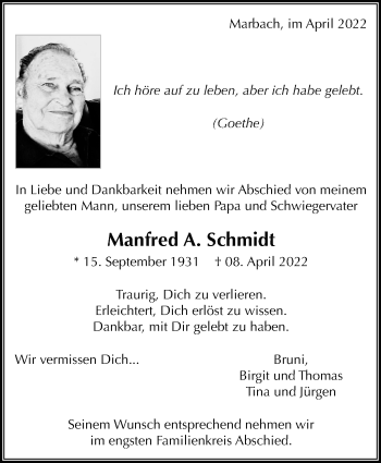 Traueranzeige von Manfred A. Schmidt von MARBACHER ZEITUNG