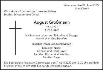 Traueranzeige von August Großmann von Marbacher Zeitung