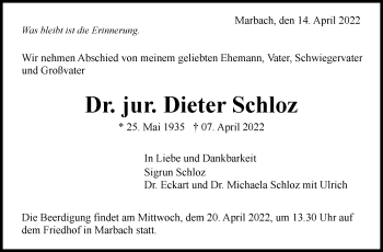Traueranzeige von Dieter Schloz von Marbacher Zeitung