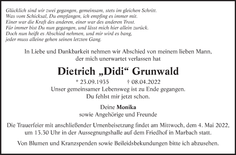  Traueranzeige für Dietrich Grunwald vom 30.04.2022 aus Marbacher Zeitung