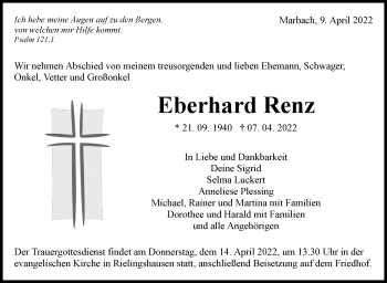 Traueranzeige von Eberhard Renz von Marbacher Zeitung
