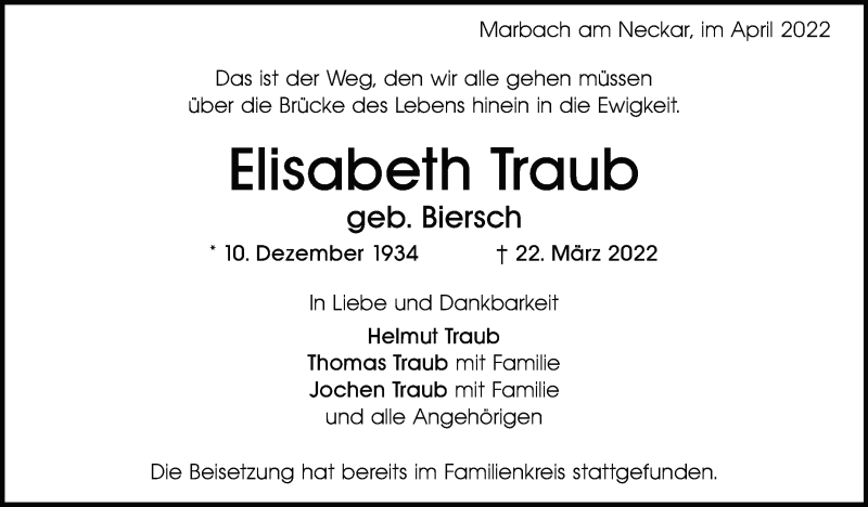  Traueranzeige für Elisabeth Traub vom 12.04.2022 aus Marbacher Zeitung