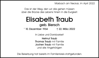 Traueranzeige von Elisabeth Traub von Marbacher Zeitung