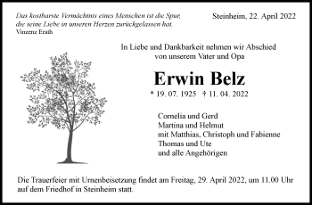 Traueranzeige von Erwin Belz von Marbacher Zeitung